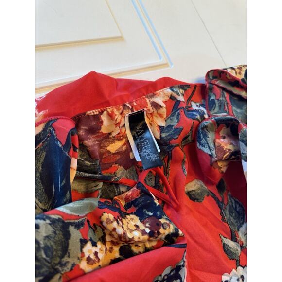 Jayvee Red Floral Ruffle Neck Waist Tie Chiffon Wrap Style Shirt, Sz L - Picture 4 of 7